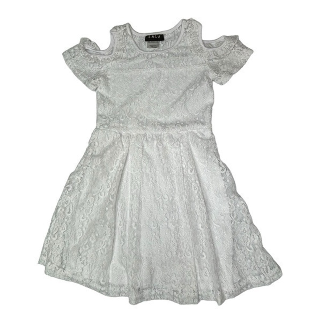 RMLA Girls Dress Size 7 White Lace Overlay Short Sleeve Cold Shoulder Dress